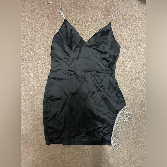 Black mini slip dress with crystal straps and tassel side design - Picture 2 of 11